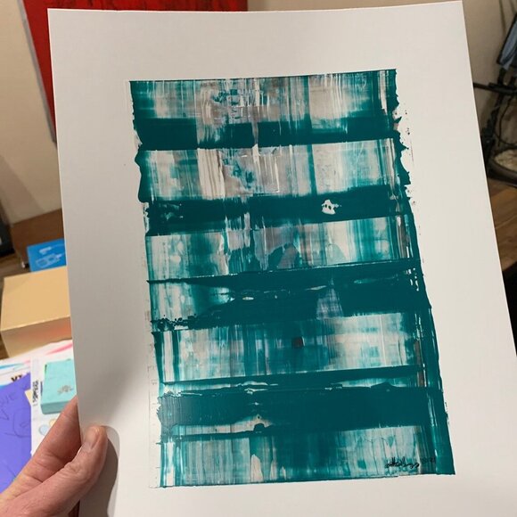 Turquoise Acrylic abstract painting on yupo "Untitled" 11"x14" - Picture 5 of 5